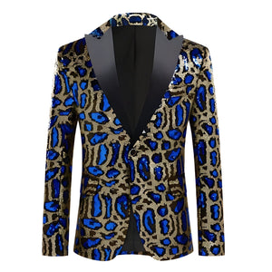 The Sequin Leopard Slim Fit Blazer Tuxedo Suit Jacket WD Styles Blue XS 